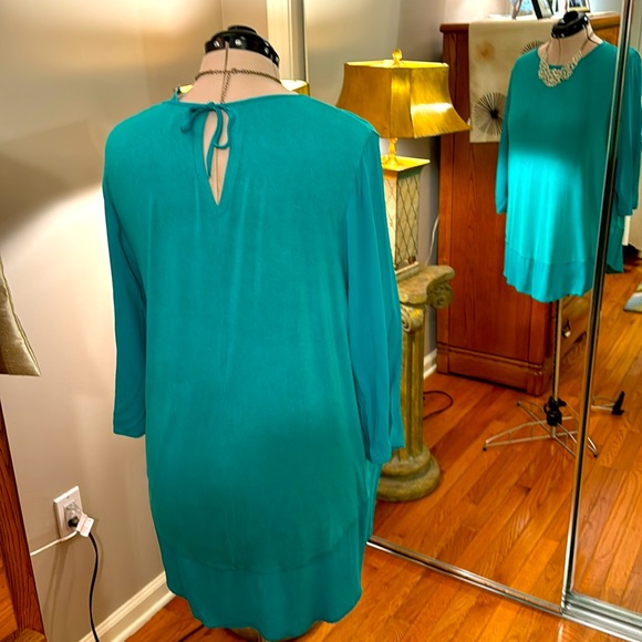 CHICO’S Green Tunic With Crepe Sleeves and Bottom Trim - Picture 4 of 7